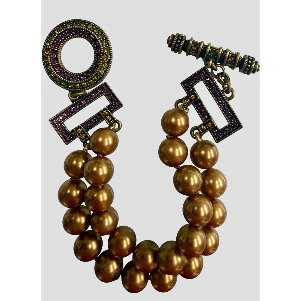 Heidi Daus Bronze Faux Pearl Double Strand‎ Crystal Toggle Bracelet Signed